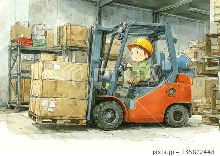 フォークリフトで貨物を運搬する男性作業員｜物流現場を描いた仕事イラスト 135872448