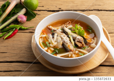 Tom Yam canned mackerel in tomato sauce,Canned fish soup Tom Yam canned mackerel in tomato sauce,Canned fish soup 135872633