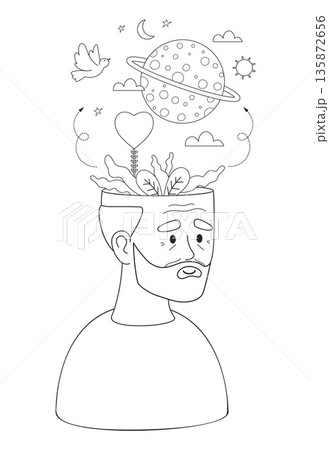 Mental Health Coloring Page. Outline Elderly Man with Universe Planet, Heart, Moon, Sun and Peace Dove. Vector Line Art Illustration for Senior Mindfulness and Art Therapy. Not AI Mental Health Coloring Page. Outline Elderly Man with Universe Planet, Heart, Moon, Sun and Peace Dove. Vector Line Art Illustration for Senior Mindfulness and Art Therapy. Not AI 135872656