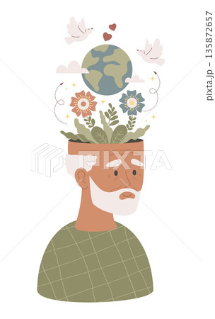 Senior Man Peace of Mind and Mental Wellness. Elderly Ethnic Black Male with Earth, Flowers and Dove Birds. Concept for Mindfulness, Harmony and Health Awareness. Vector Flat Illustration. Not AI Senior Man Peace of Mind and Mental Wellness. Elderly Ethnic Black Male with Earth, Flowers and Dove Birds. Concept for Mindfulness, Harmony and Health Awareness. Vector Flat Illustration. Not AI 135872657