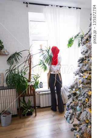Woman in a Santa hat and apron cleans window near Christmas tree, preparing for the New Year, decorating and tidying up the house Woman in a Santa hat and apron cleans window near Christmas tree, preparing for the New Year, decorating and tidying up the house 135872784