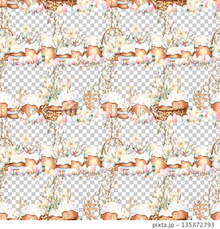 Orthodox Easter seamless pattern Spring primrose, flowers, icing cake, lit candle, religious cross, colorful eggs, willow branches. Watercolor isolated from background illustration with copy space 135872793