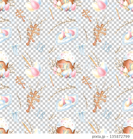 Orthodox Easter festive seamless pattern. Icing cake, lit candle, religious cross, colorful eggs, willow branches in pastel colors. Light watercolor isolated illustration for decoration, packaging Orthodox Easter festive seamless pattern. Icing cake, lit candle, religious cross, colorful eggs, willow branches in pastel colors. Light watercolor isolated illustration for decoration, packaging 135872799