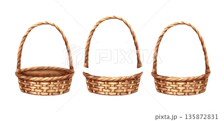 Watercolor set of wicker basket with a long handle. Empty basketry, separate handle. Picnic container, rural craft handbag for design composition. Hand drawn clip art objects isolated from background 135872831