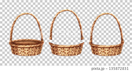 Watercolor set of wicker basket with a long handle. Empty basketry, separate handle. Picnic container, rural craft handbag for design composition. Hand drawn clip art objects isolated from background 135872831