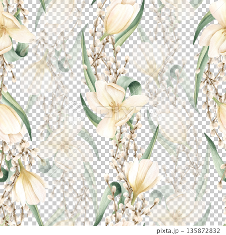 Watercolor white tulips and willow branches seamless pattern on transparent background. Spring flowers. Floral repeat ornament for Easter bright celebration. Hand drawn isolated illustration Watercolor white tulips and willow branches seamless pattern on transparent background. Spring flowers. Floral repeat ornament for Easter bright celebration. Hand drawn isolated illustration 135872832