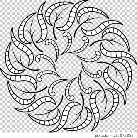 Black curved leaves Intricate round floral mandala Black curved leaves Intricate round floral mandala 135872858