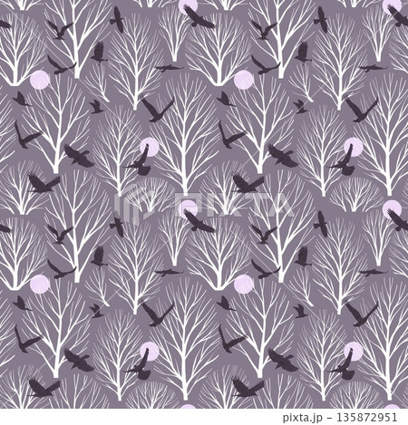 A seamless pattern featuring stylized white trees and birds on a muted gray background 135872951