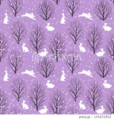 A seamless pattern featuring white rabbits and bare trees on a purple background 135872952