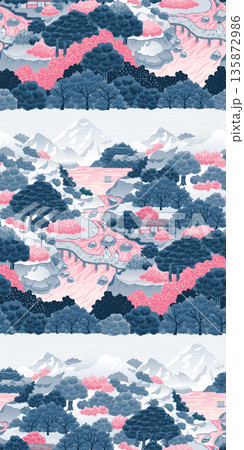 Beautiful Traditional Korean Art Landscape. KoreanArt Style. Seamless Pattern Vector Illustration Beautiful Traditional Korean Art Landscape. KoreanArt Style. Seamless Pattern Vector Illustration 135872986