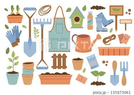 Collection of gardening tools and flowering plants. Summery set of flat-style illustrations. Tools for growing plants, cultivating the garden, and vegetable garden. 135873061