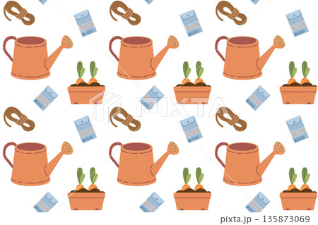 Seamless pattern with a watering can and seedlings. Summer series of flat illustrations. Tools for growing plants, gardening, and vegetable gardening. 135873069