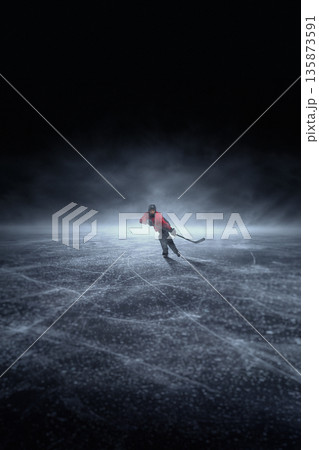 Digital artwork with hockey player standing alone on empty ice. Digital artwork with hockey player standing alone on empty ice. 135873591