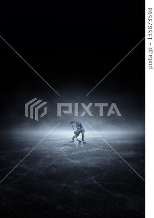 Dynamic artwork with hockey player skating with puck on ice. Dynamic artwork with hockey player skating with puck on ice. 135873598