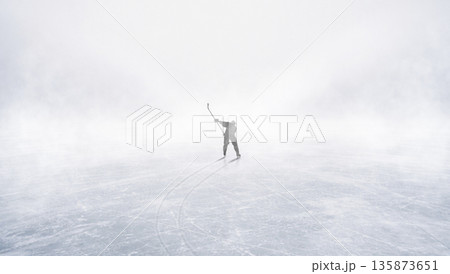 Minimal artwork with hockey player raising stick on bright ice. Minimal artwork with hockey player raising stick on bright ice. 135873651