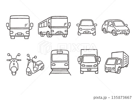 いろんな乗り物の手描きイラストセット正面（モノクロ） 135873667