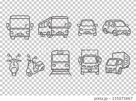 いろんな乗り物の手描きイラストセット正面（モノクロ） 135873667
