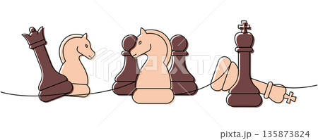 Linear minimalist outline of a queen, two knights, pawns and a king arranged on a line, abstract chess art Linear minimalist outline of a queen, two knights, pawns and a king arranged on a line, abstract chess art 135873824