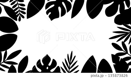 Black tropical leaves frame. Silhouette of Monstera, palm fronds, and exotic foliage for decorative botanical designs 135873826
