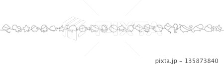 Long one-line illustration of many cute sea animal silhouettes. Minimalist ocean animals for page headers and creative decor 135873840