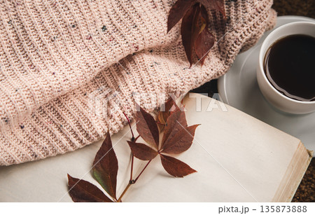 Autumn background with a knitted element, a cup of tea and autumn leaves. Autumn background with a knitted element, a cup of tea and autumn leaves. 135873888