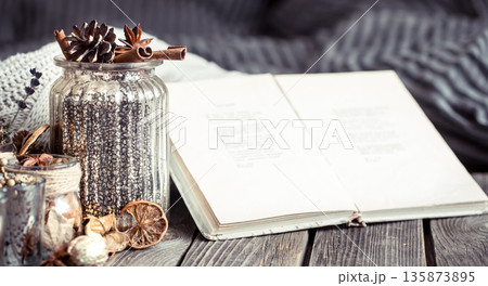autumn composition with a book autumn composition with a book 135873895