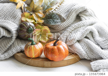 Autumn still life with pumpkins, leaves and knitted element. 135873964