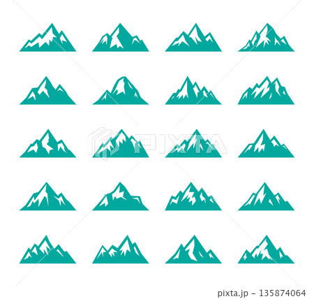 Set of mountain silhouette icons. Vector alpine peaks and snowy ridges for hiking, climbing, camping, outdoor and travel adventure designs. 135874064