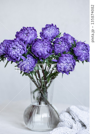 Glass vase with blue chrysanthemum flowers, close up. Glass vase with blue chrysanthemum flowers, close up. 135874082