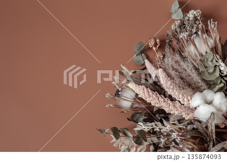 Composition with dry wildflowers and cotton copy space. Composition with dry wildflowers and cotton copy space. 135874093