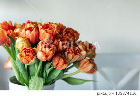 Bouquet of orange tulips in a vase on a blurred light background. 135874110