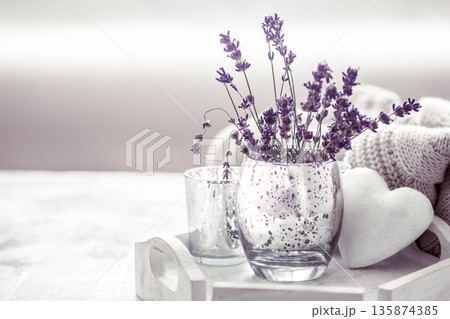 composition with lavender in a glass composition with lavender in a glass 135874385