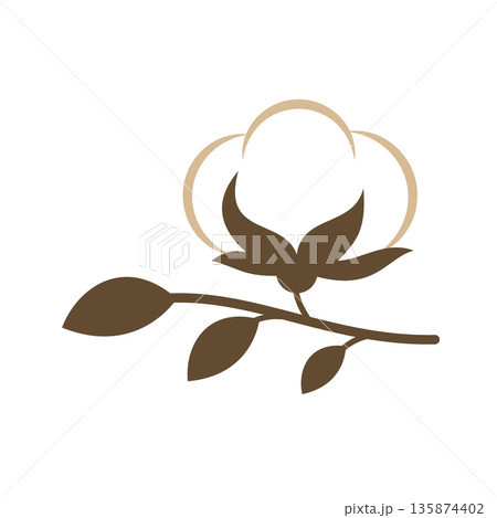 Cotton branch with one boll and leaves. Flat vector botanical composition in natural brown tones Cotton branch with one boll and leaves. Flat vector botanical composition in natural brown tones 135874402