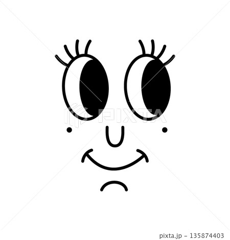 Cute cartoon face with big oval eyes and eyelashes. Simple black line doodle character expression for kids, emojis and stickers Cute cartoon face with big oval eyes and eyelashes. Simple black line doodle character expression for kids, emojis and stickers 135874403