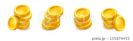 Stacks of shiny gold coins isolated on white background for St. Patricks Day or treasure themes 135874435