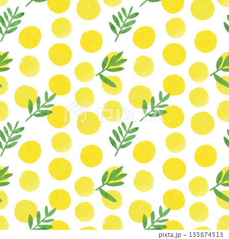 ミモザシリーズ：手書き風のドットと葉っぱのポップなミモザ柄パターン 135874513