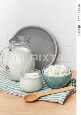 Fresh dairy products with milk yogurt and cottage cheese Fresh dairy products with milk yogurt and cottage cheese 135874558