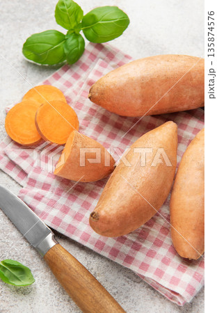 Sweet potato preparation with ingredients for healthy cooking 135874576