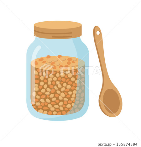 Glass jar with grains and wooden spoon. Zero waste food storage container vector icon 135874594