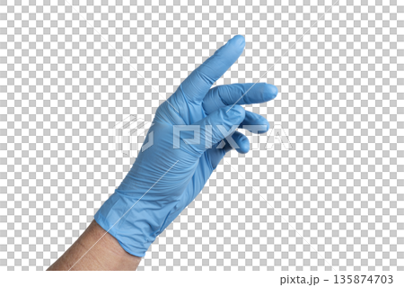 a male hand with a blue glove 135874703