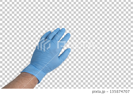 a male hand with a blue glove 135874707