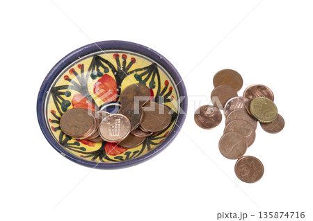 a bowl decorated with some euro coins a bowl decorated with some euro coins 135874716