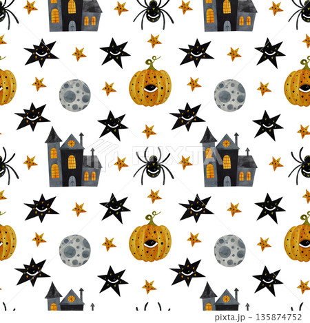 A playful seamless watercolor pattern featuring a stylized moon, a haunted house, pumpkins, a spider, and stars with eyes, all celebrating the Halloween spirit on a crisp white background. 135874752