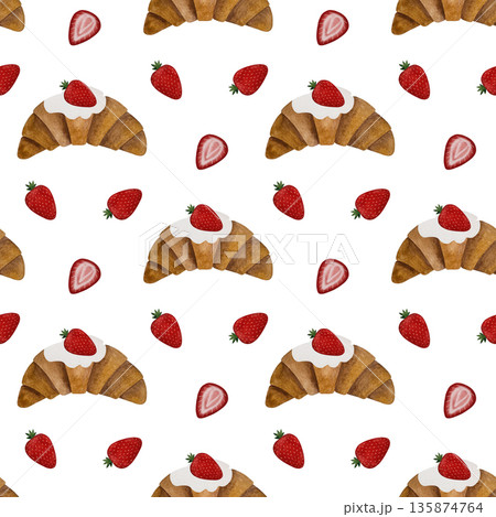 A delightful seamless watercolor pattern featuring croissants topped with whipped cream and fresh strawberries on a crisp white background. A delightful seamless watercolor pattern featuring croissants topped with whipped cream and fresh strawberries on a crisp white background. 135874764