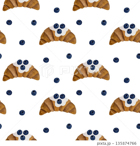 A delightful seamless watercolor pattern featuring croissants topped with whipped cream and fresh blueberries on a crisp white background. A delightful seamless watercolor pattern featuring croissants topped with whipped cream and fresh blueberries on a crisp white background. 135874766