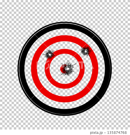Black and red round shooting target with bullet holes without background. 135874768