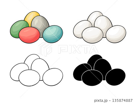 Illustration set of colorful Easter eggs, natural chicken eggs, black and white silhouettes, and black outline line art. Isolated without background. Illustration set of colorful Easter eggs, natural chicken eggs, black and white silhouettes, and black outline line art. Isolated without background. 135874887