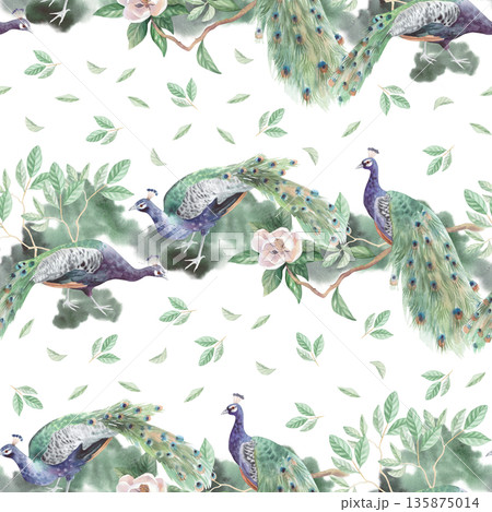 Seamless pattern of the peacocks, magnolia and green watercolor spots. Handmade watercolor illustration. For cards, cover, wallpaper, prints, product labels and fabric. Seamless pattern of the peacocks, magnolia and green watercolor spots. Handmade watercolor illustration. For cards, cover, wallpaper, prints, product labels and fabric. 135875014
