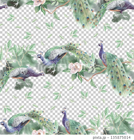 Seamless pattern of the peacocks, magnolia and green watercolor spots. Handmade watercolor illustration. For cards, cover, wallpaper, prints, product labels and fabric. Seamless pattern of the peacocks, magnolia and green watercolor spots. Handmade watercolor illustration. For cards, cover, wallpaper, prints, product labels and fabric. 135875014