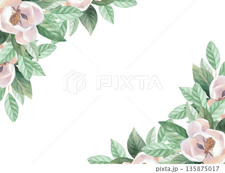 Corners frame of a buds and leaves of magnolia. Handmade watercolor illustration. For packaging design, cards, cover, wallpaper, prints, product labels and fabric. 135875017